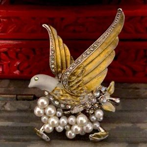 Dove Brooch- Gold, Pearl, Enamel & Rhinestone